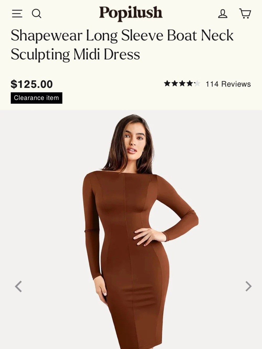 Popilush Brown Long Sleeve Boat Neck Sculpting Midi Dress